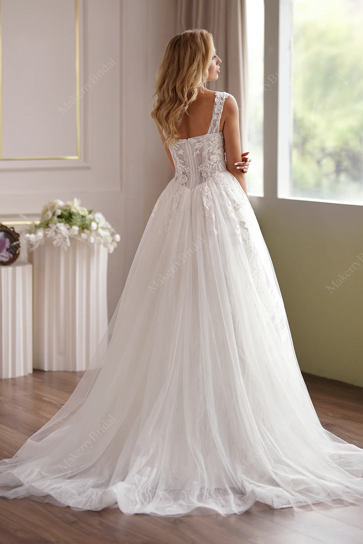 Romantic A-Line Lace Champagne Off-Shoulder Bridal Dress-Size 4-image-3