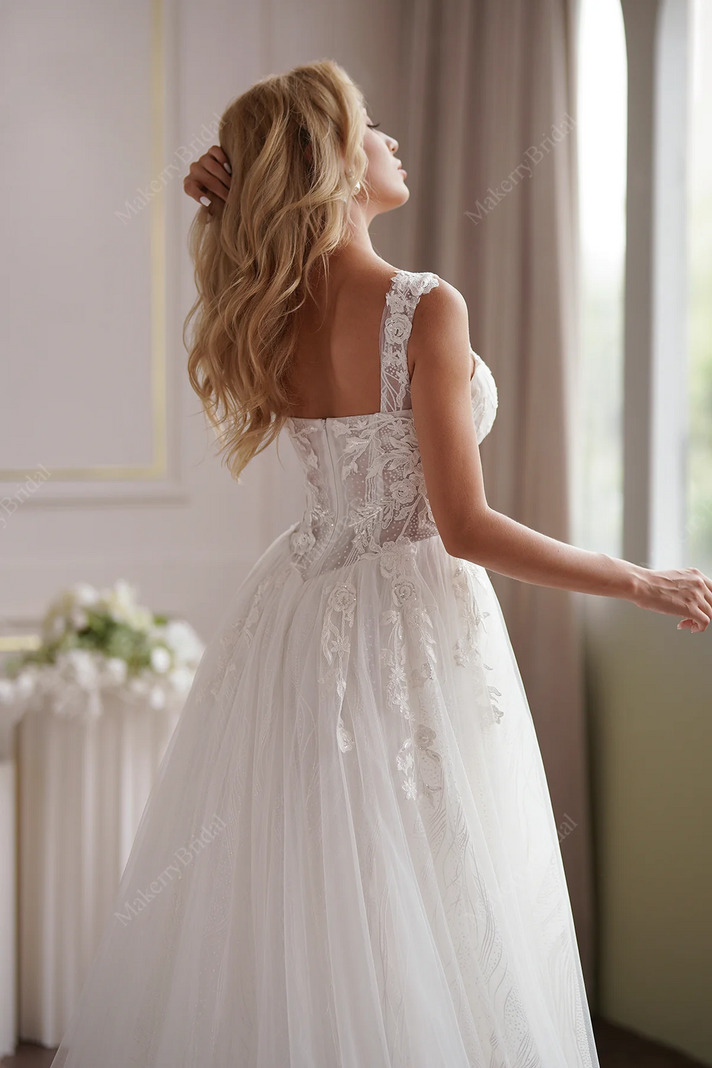 Romantic A-Line Lace Champagne Off-Shoulder Bridal Dress-Size 4-image-1
