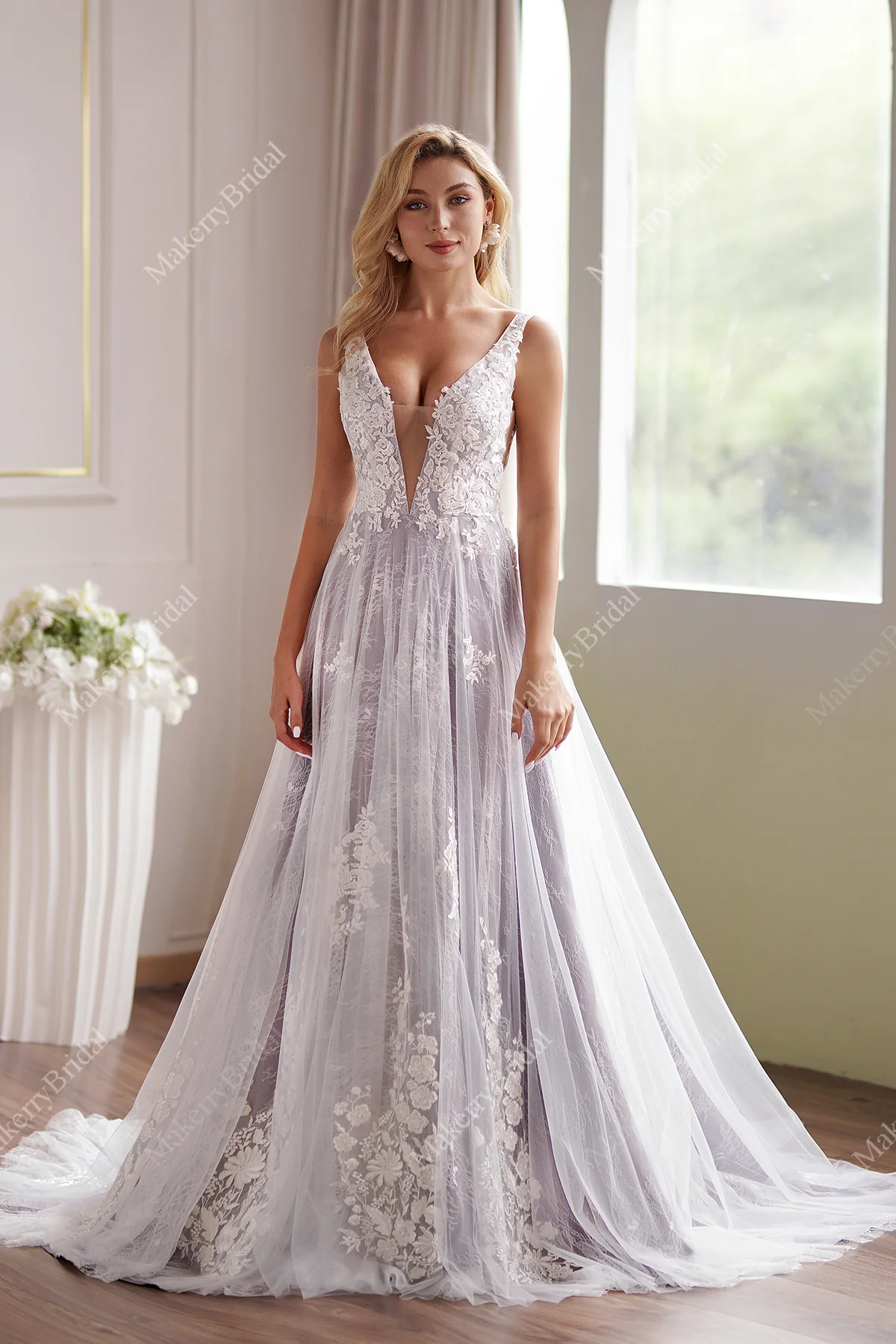 Lavender Plunging-V Beaded Lace Wedding Dress-Size 4-image-3