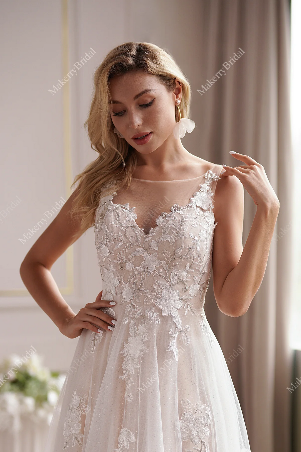 Romantic Beaded Lace Illusion Back Bridal Gown