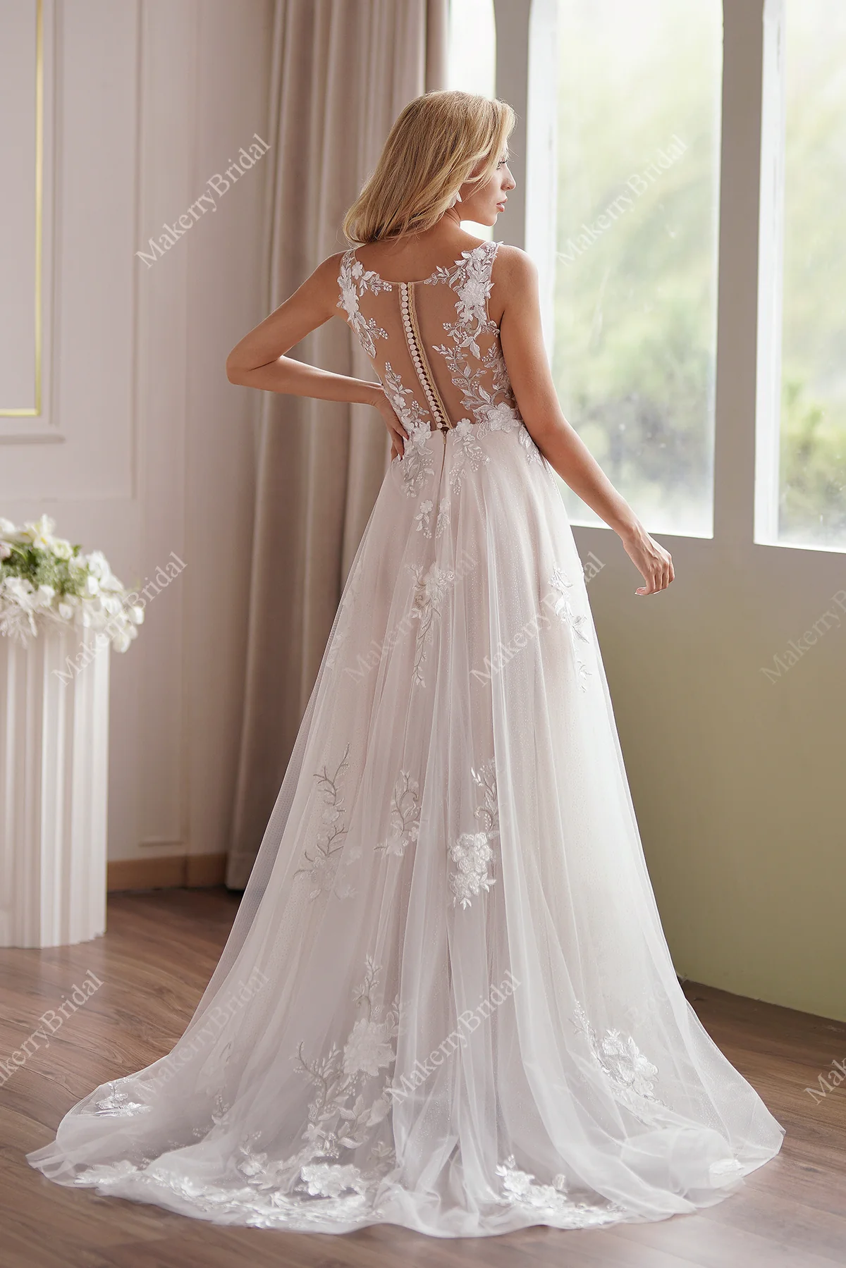 Romantic Beaded Lace Illusion Back Bridal Gown