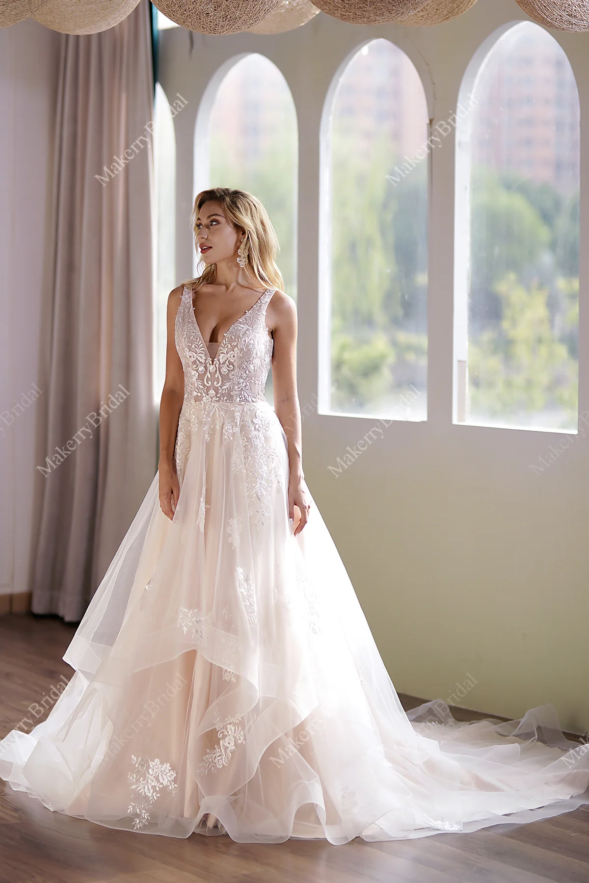 Ball Gown With A Sleeveless Bodice And A V-Neck Neckline