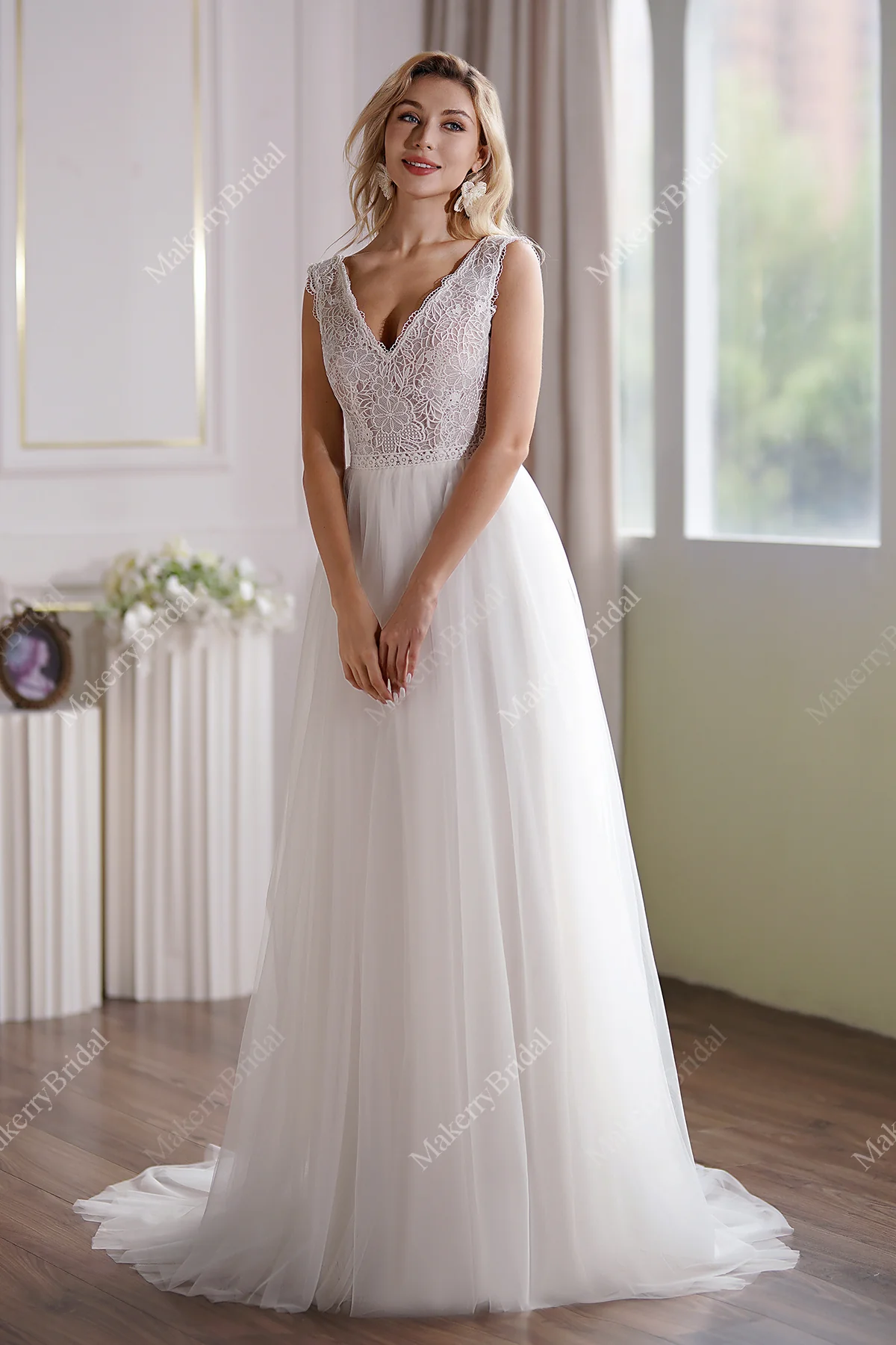 Illusion Lace Boho Wedding Dress With Alluring Open Back