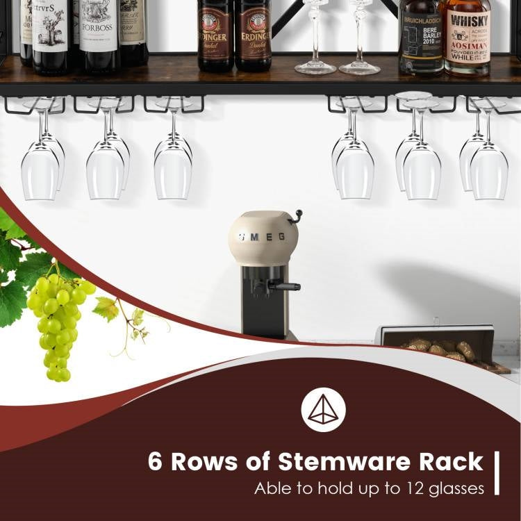 Industrial Rustic Brown Wood Metal Wall Mounted Wine Rack Shelf
