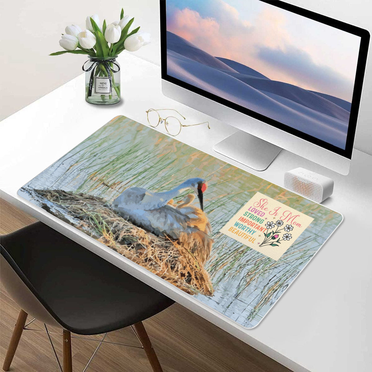 She is Mom Sandhill Crane with Baby Chick Mousepad Desk Mat - available in 2 sizes