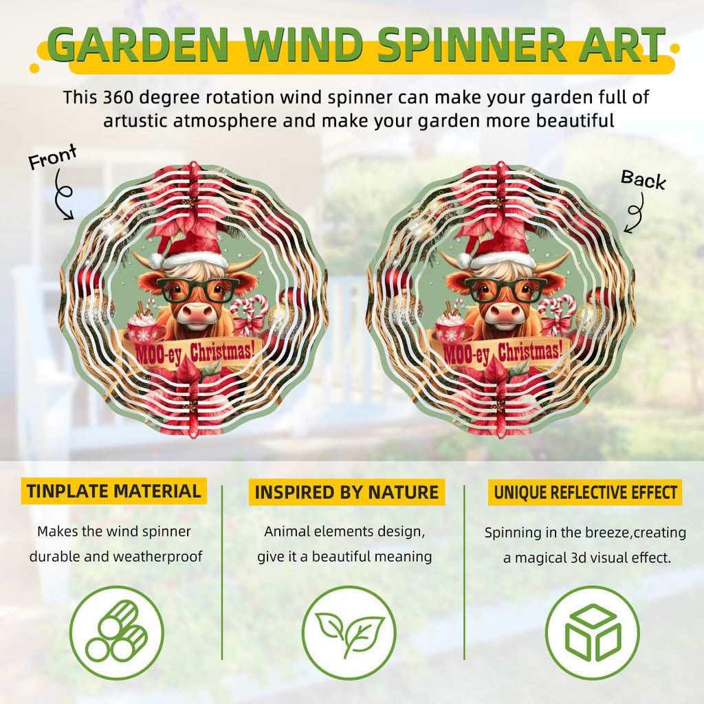 Moo-ey Christmas Highland Cow Metal Wind Spinner Outdoor Decor