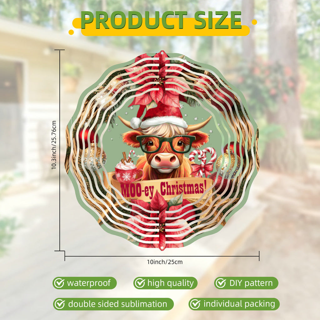 Moo-ey Christmas Highland Cow Metal Wind Spinner Outdoor Decor