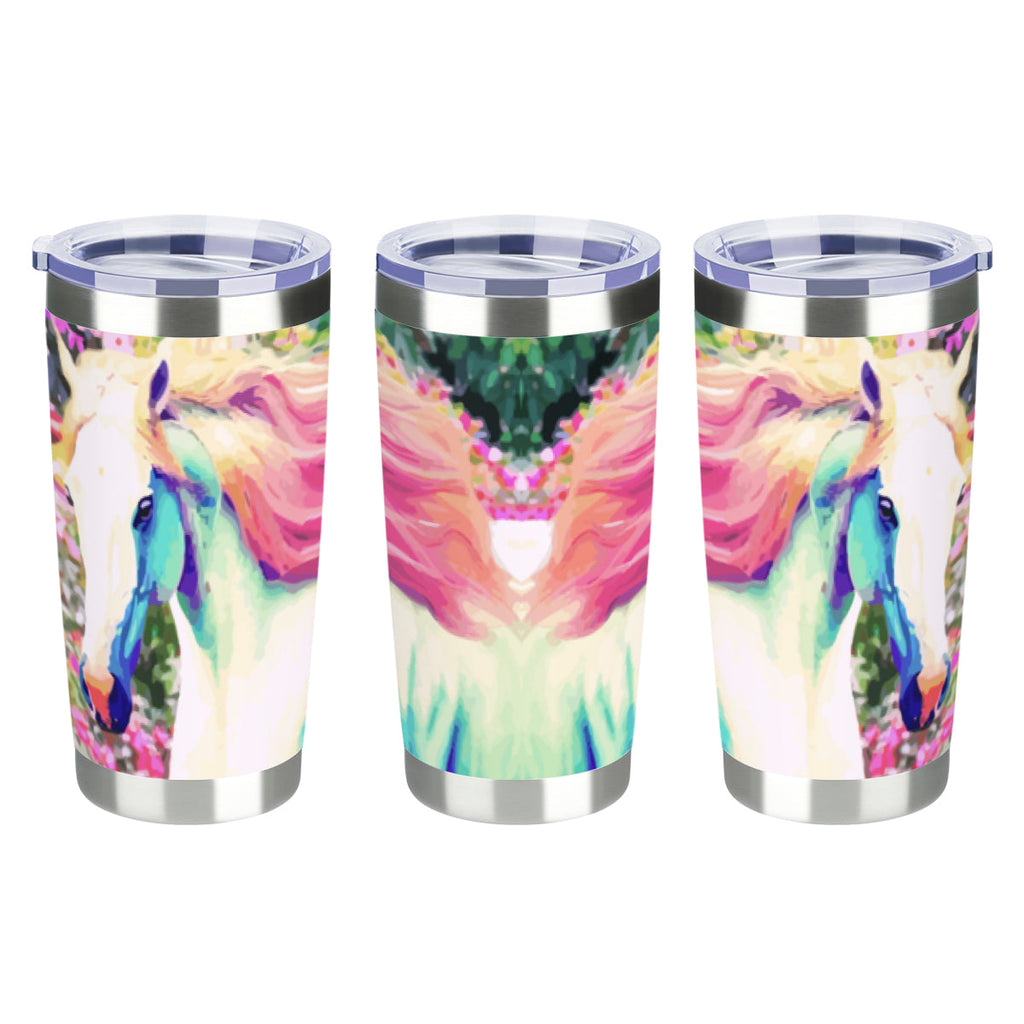 White Horse with Pink Mane Stainless Steel Tumbler with Lid
