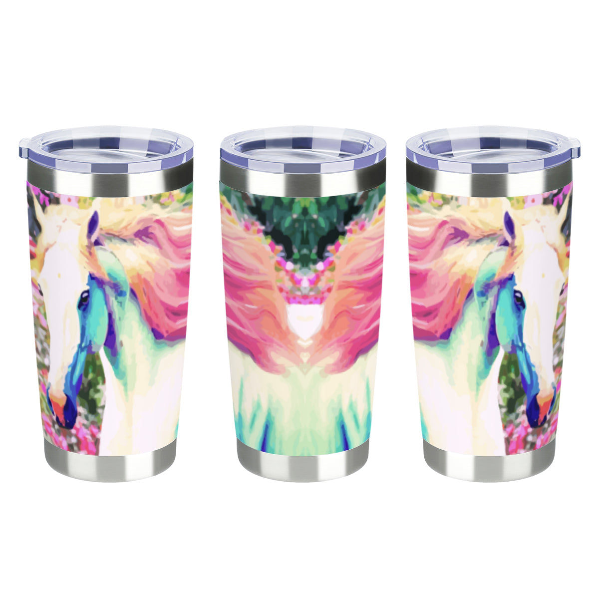 White Horse with Pink Mane Stainless Steel Tumbler with Lid