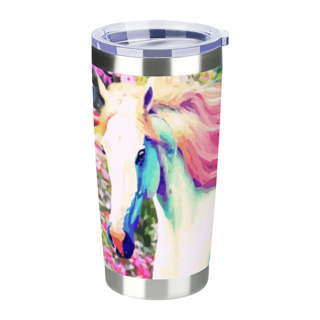 White Horse with Pink Mane Stainless Steel Tumbler with Lid