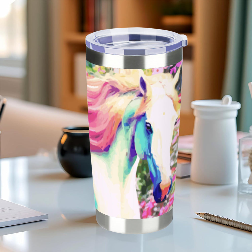 White Horse with Pink Mane Stainless Steel Tumbler with Lid