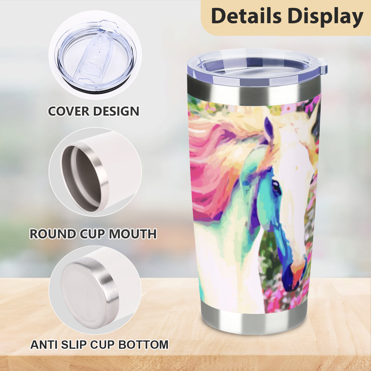 White Horse with Pink Mane Stainless Steel Tumbler with Lid
