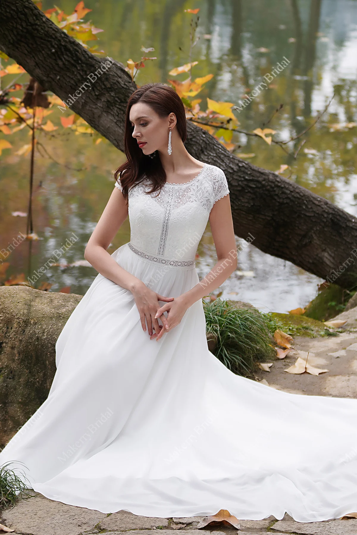 Cap Sleeves Chiffon Bohemian Wedding Dress