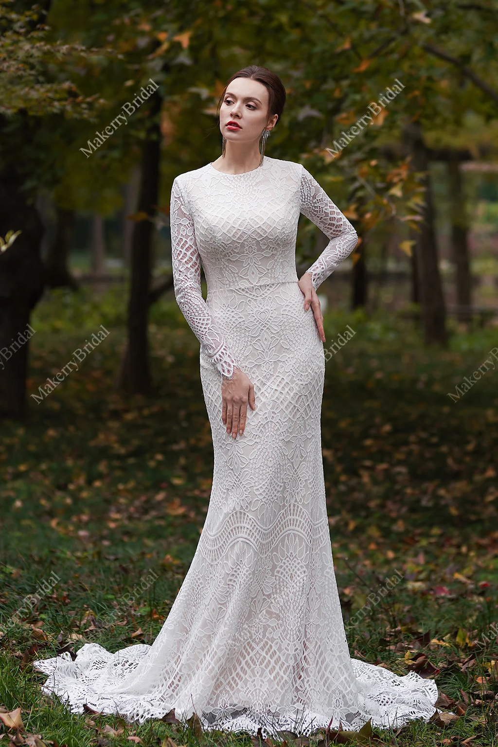 Modest Long Sleeves Lace Mermaid Wedding Dress