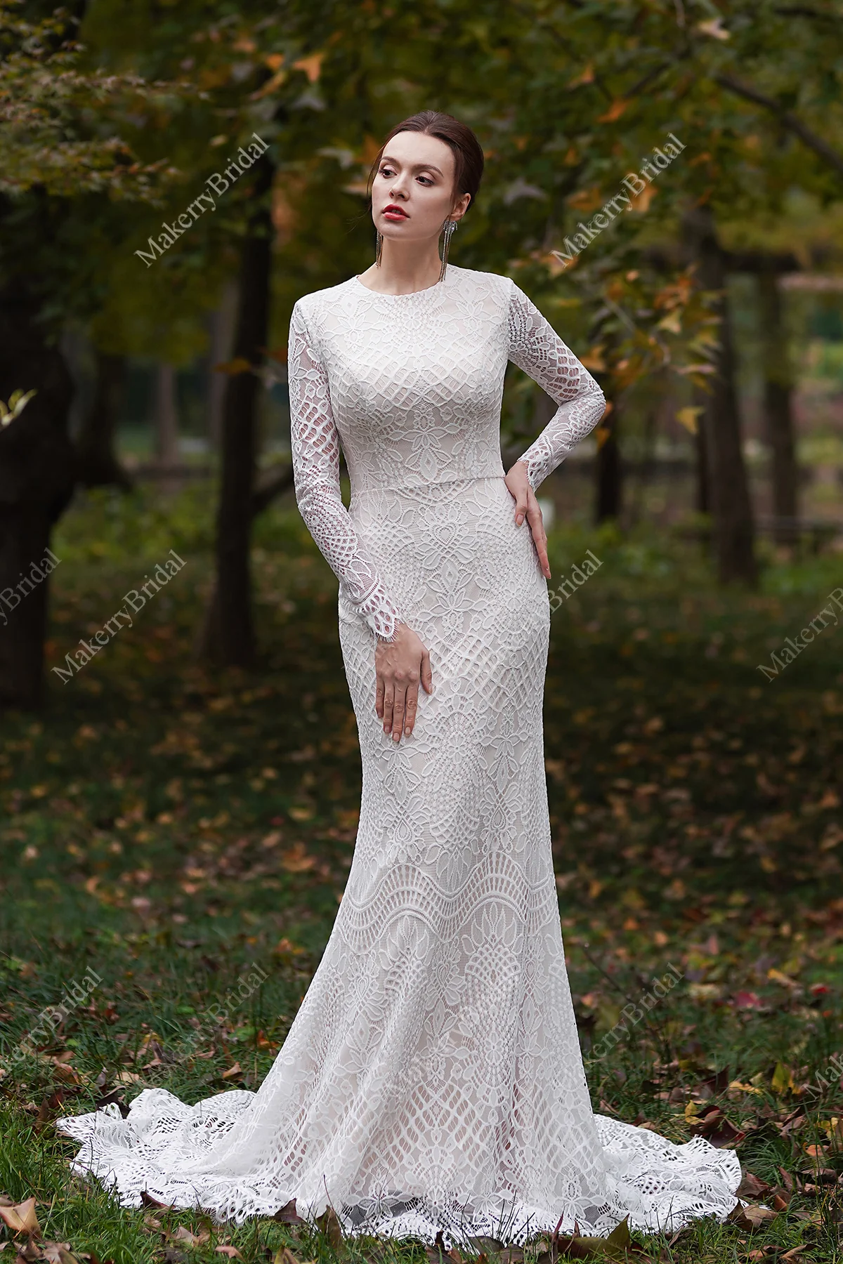 Modest Long Sleeves Lace Mermaid Wedding Dress