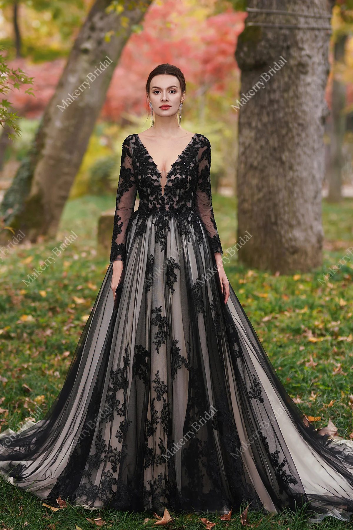 Black Over Nude Beaded Appliques Wedding Dress-image-5