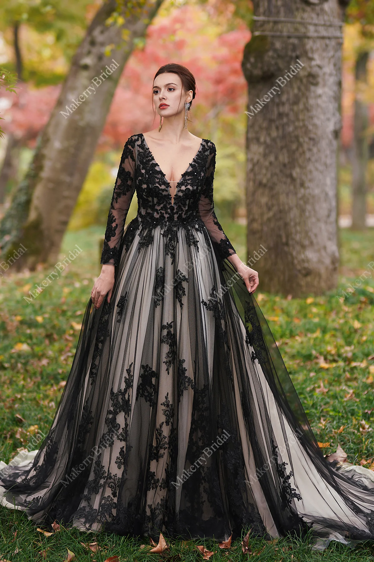 Black Over Nude Beaded Appliques Wedding Dress