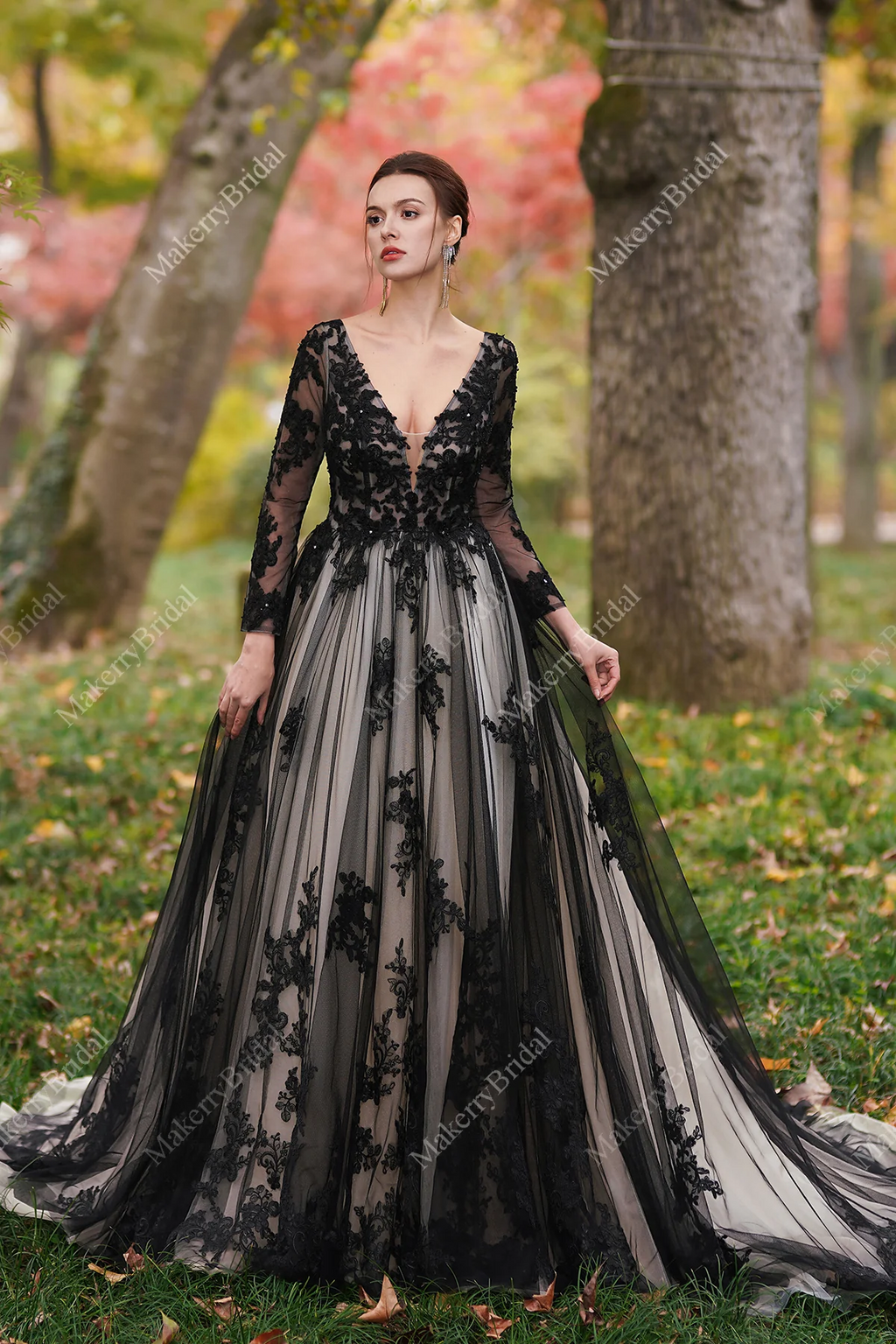 Black Over Nude Beaded Appliques Wedding Dress-image-3