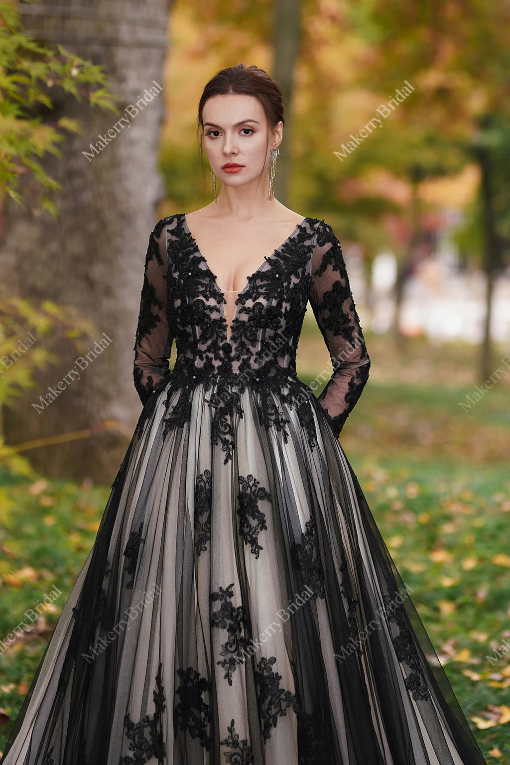Black Over Nude Beaded Appliques Wedding Dress-image-1