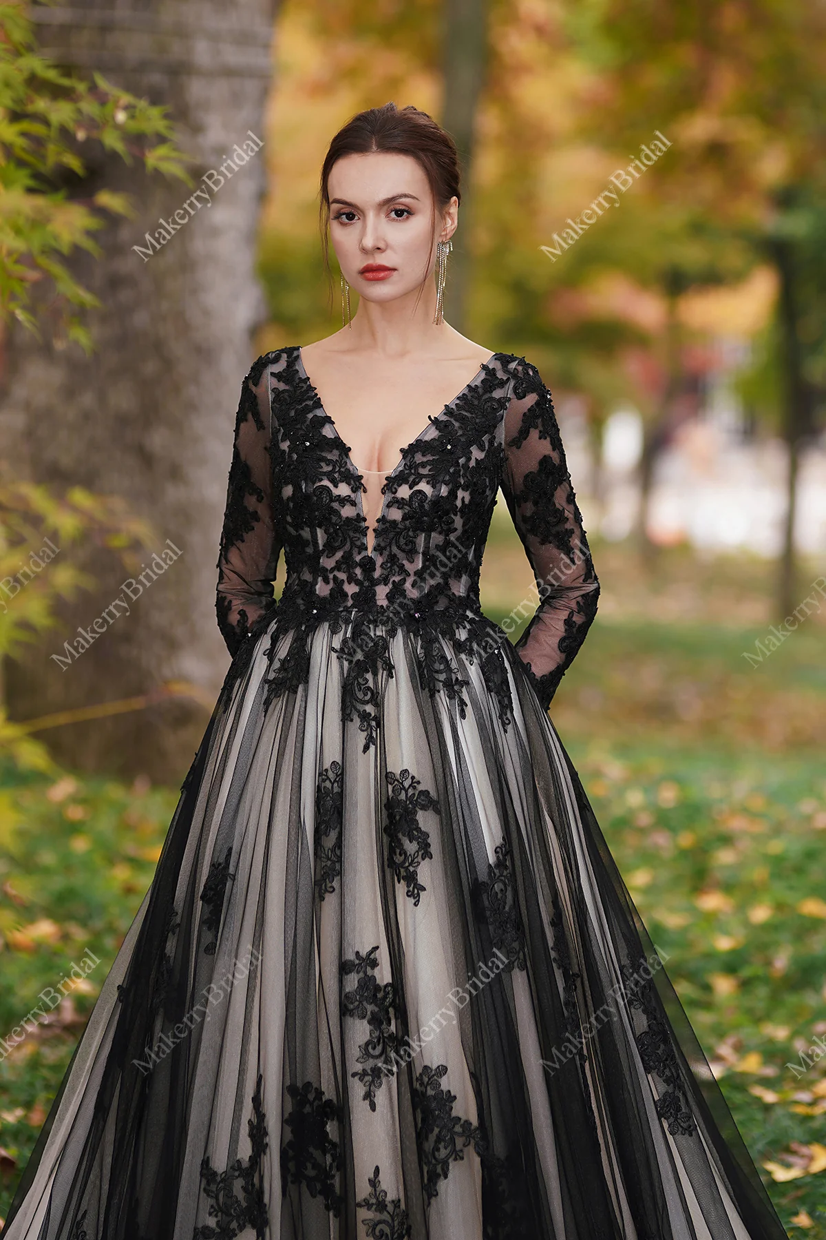 Black Over Nude Beaded Appliques Wedding Dress-image-1