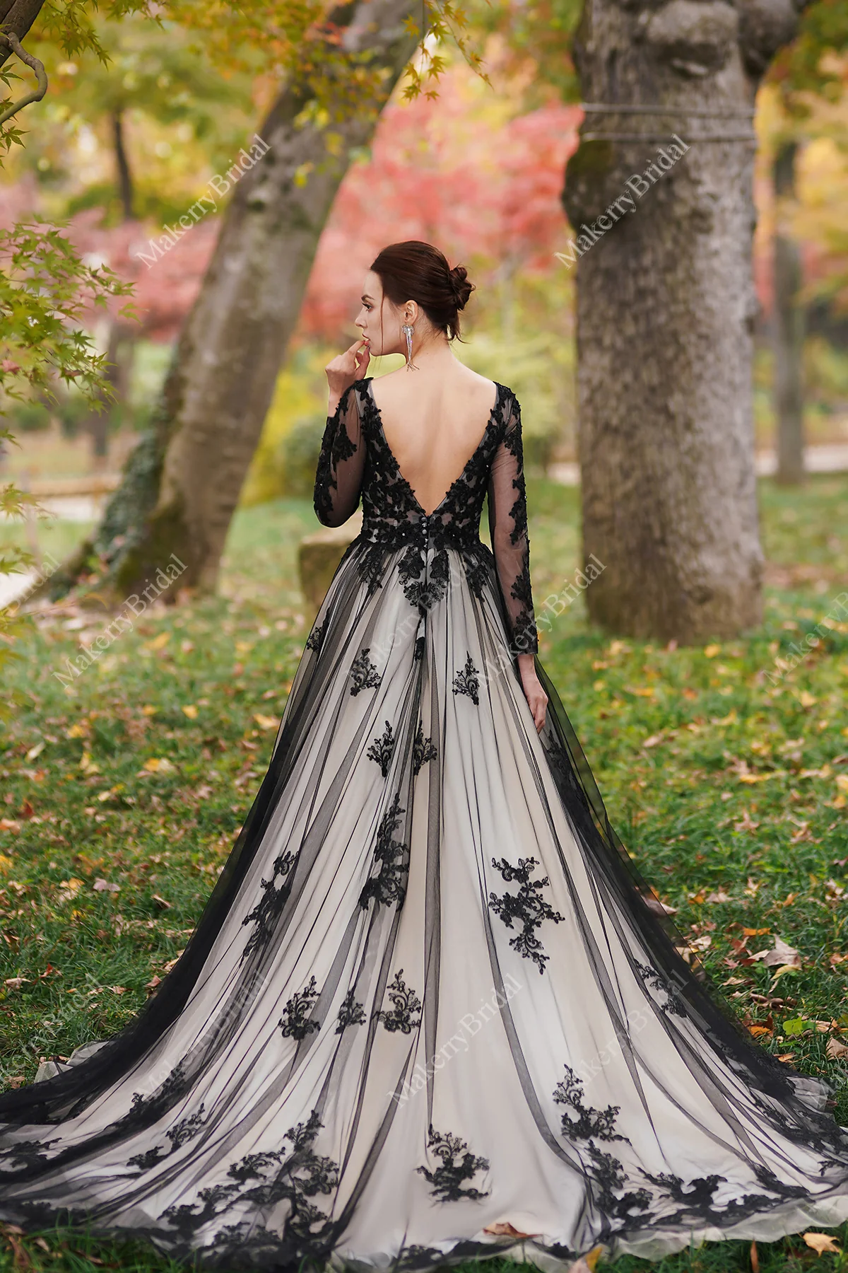 Black Over Nude Beaded Appliques Wedding Dress-image-4