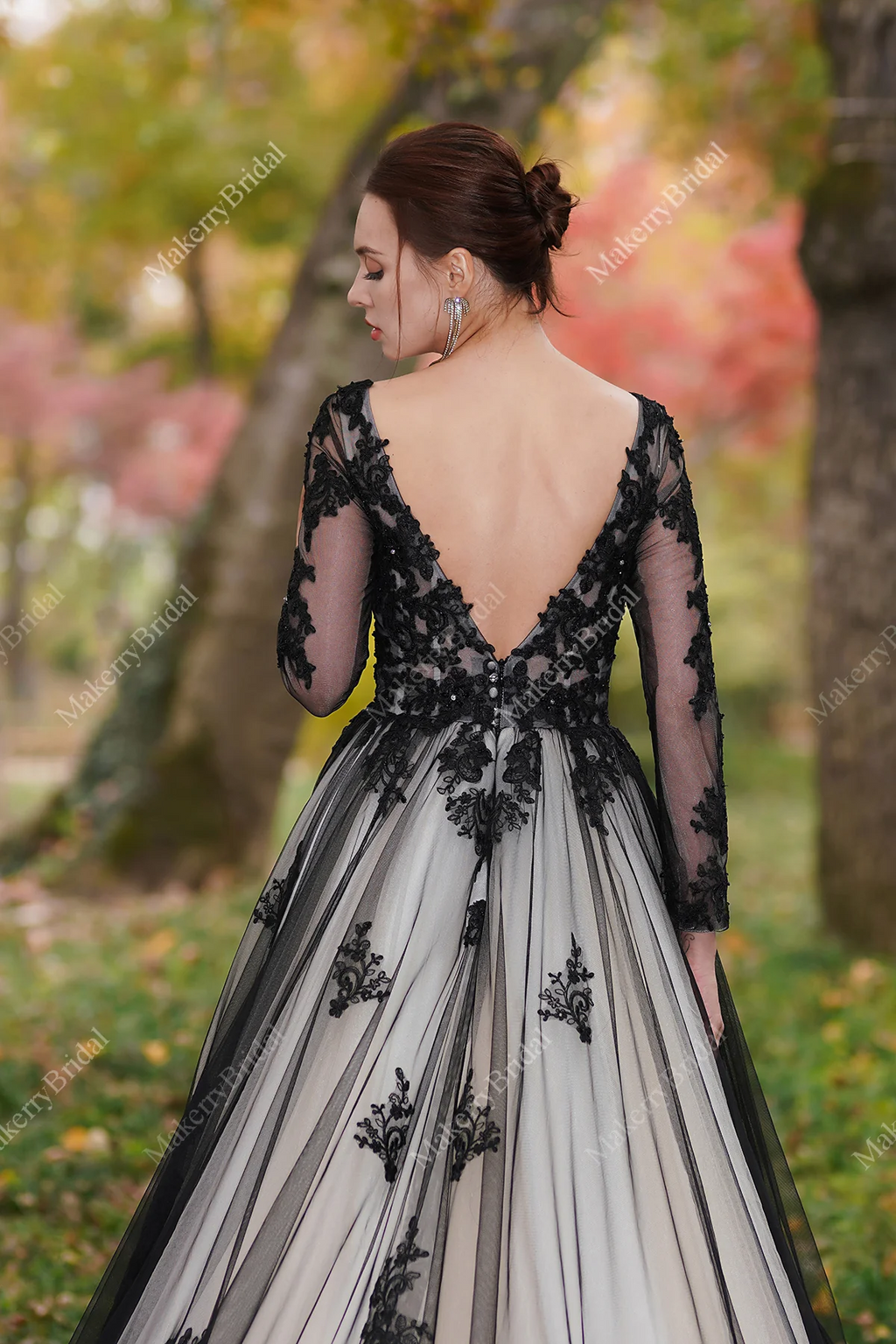 Black Over Nude Beaded Appliques Wedding Dress-image-2