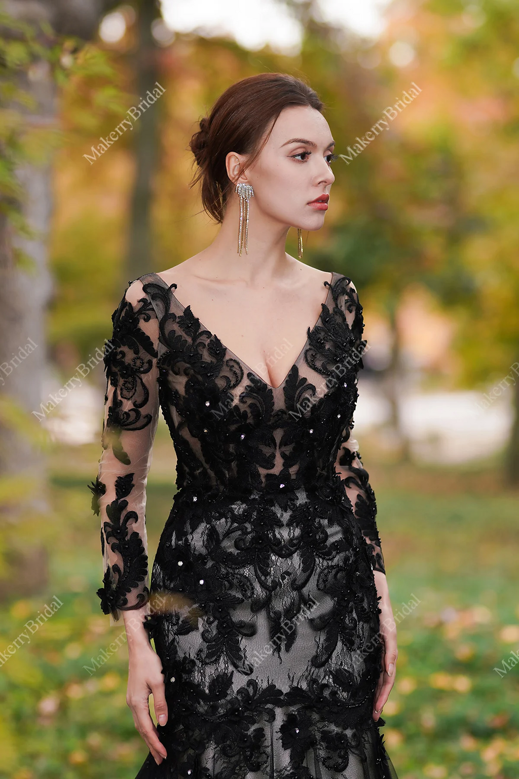 Black Flower Wedding Dress With Illusion Detachable Sleeves
