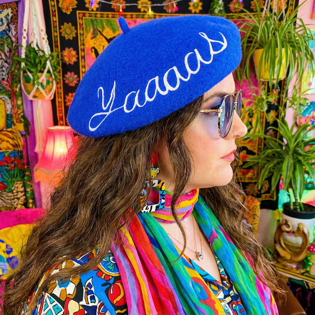 Yaaaas Embroidered Beret in Blue