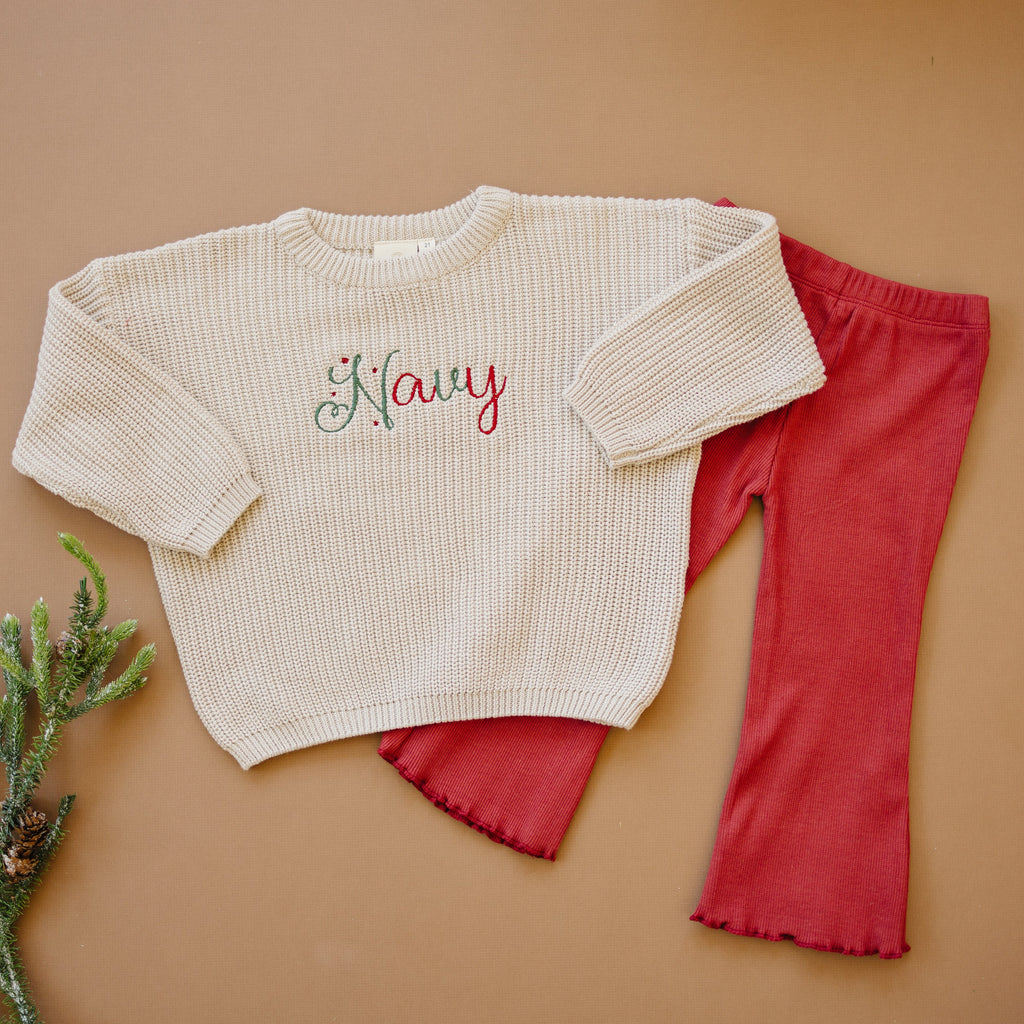 Ribbed Cotton Flared Leggings - Red Christmas Matching