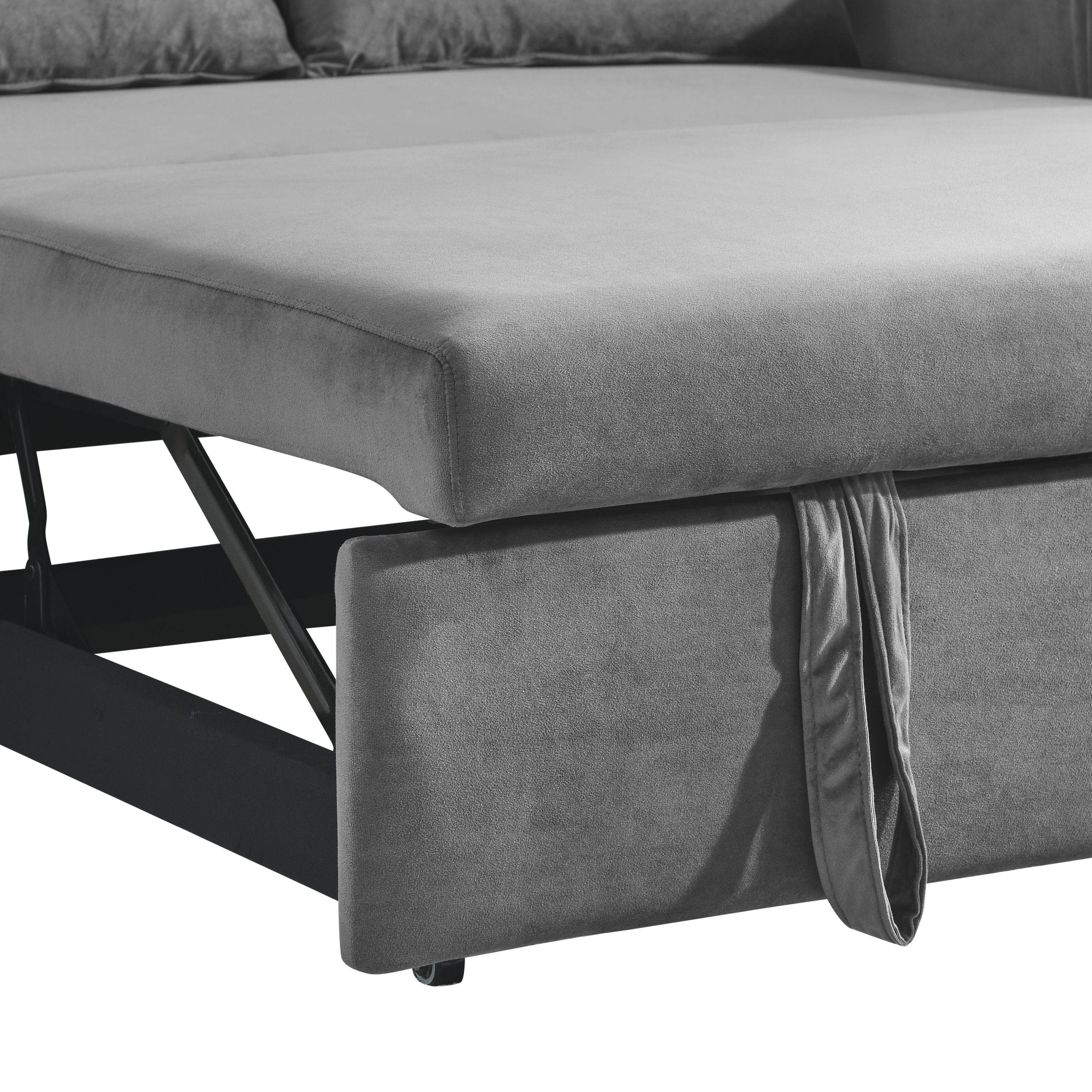 55' Modern Convertible Sofa Bed with 2 Detachable Arm Pockets, Velvet Loveseat Sofa with Pull Out Bed, 2 Pillows and Living Room Adjustable Backrest, Grid Design Armrests