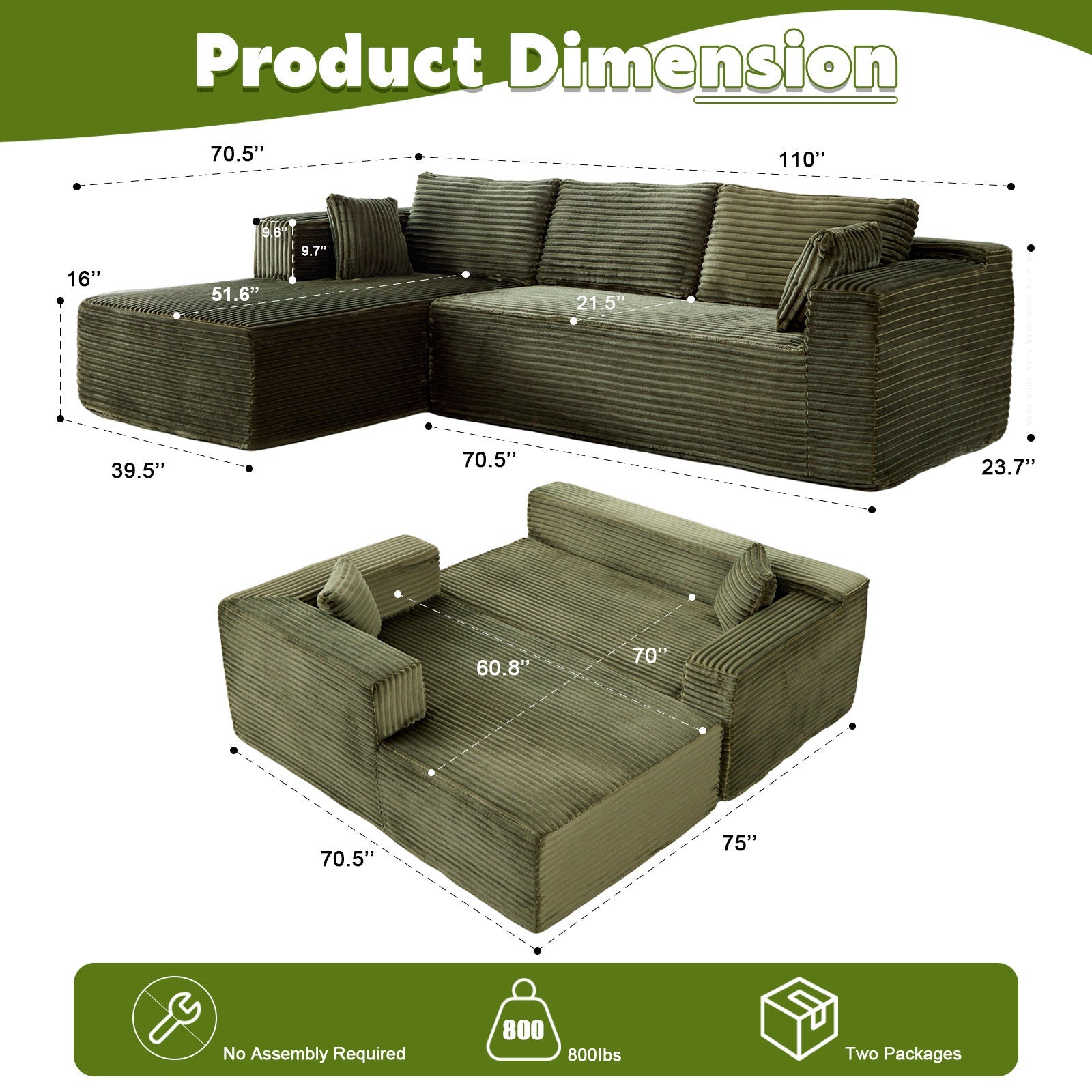 Compression Sectional Couch with Comfy Chaise, Boneless L Shape Sofa with Deep Seat, Minimalist Modular Couches Sleeper for Living Room Bedroom Apartment Lounge,corduroy,Green