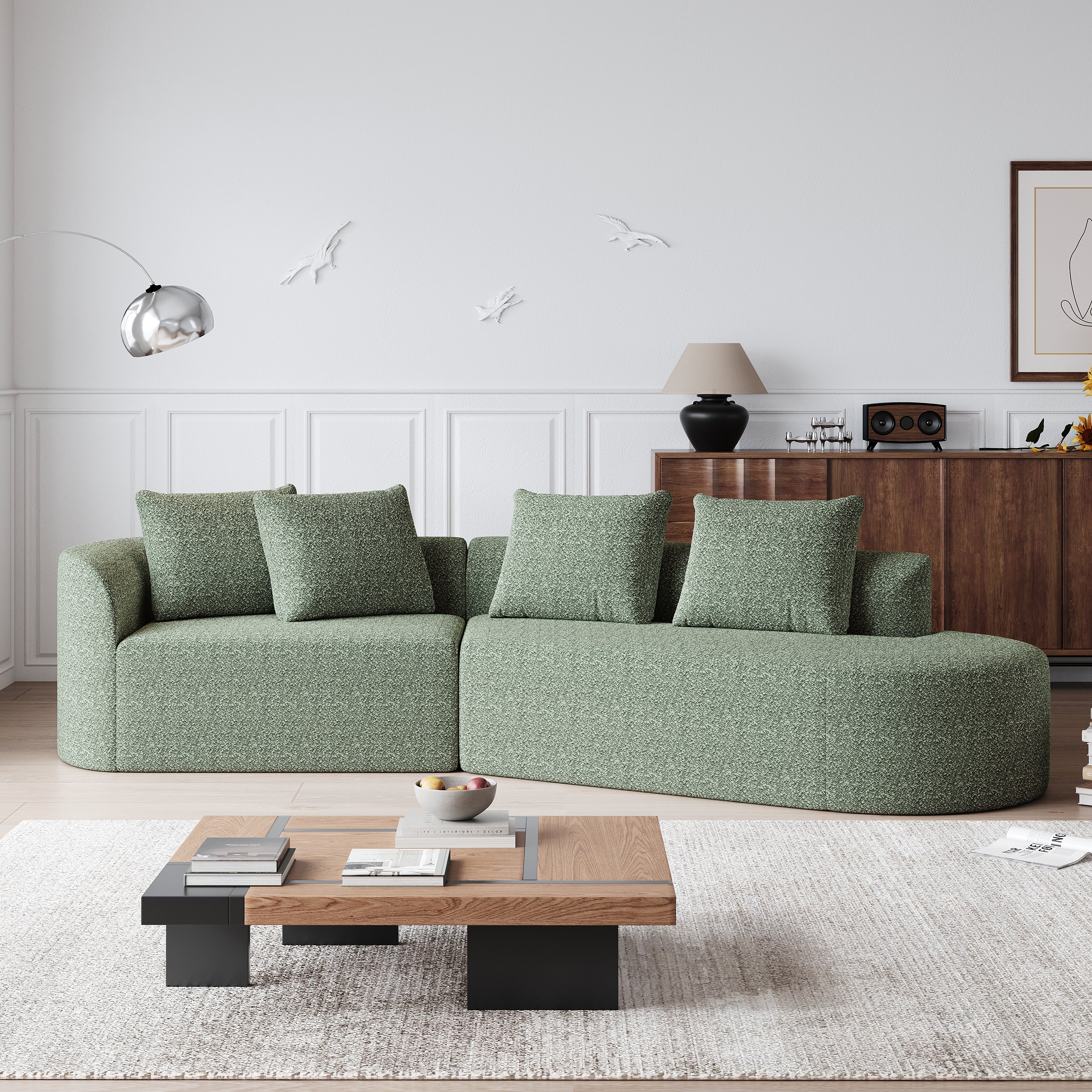 Modern Upholstered Oversized Sectional Sofa, 112-Inch Chenille 4-Seater Extra Deep & Wide Seat Curved Cloud Couch with 4 Throw Pillows, Free Combination Sofa Couch for Living Room,Bedroom