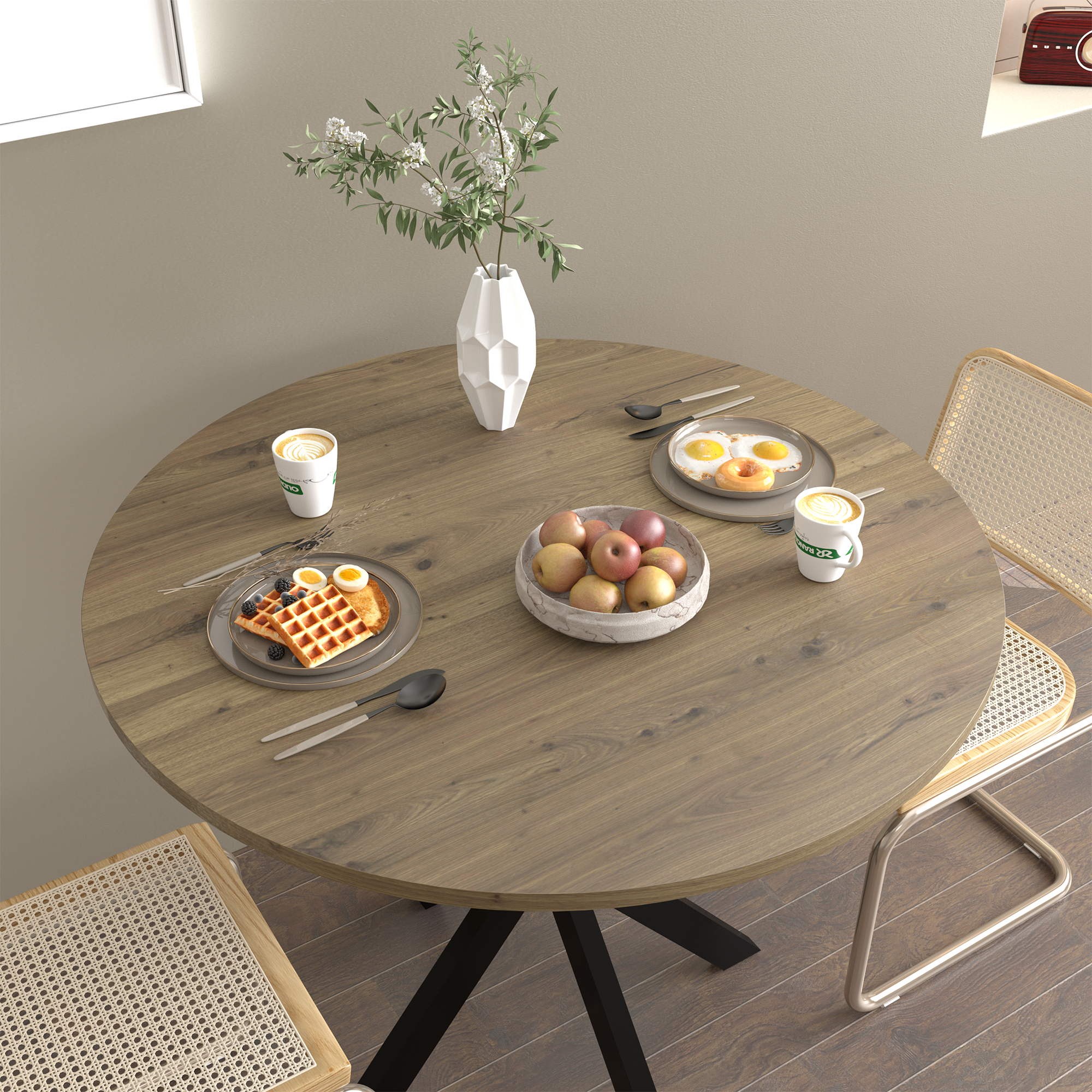 31.5 Inch Round Dining Table, Small Circle Kitchen Table with Metal Black Legs for 2-4 people,Modern Dining Room Table, Brown (only table)