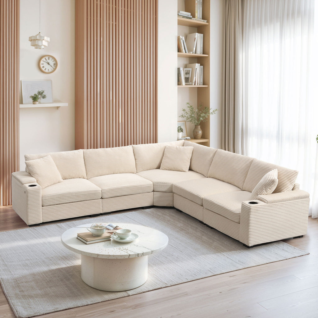 Convertible L Shaped Sectional Corner Couch With Armrest Storage Cup Holders USB Charger, Irregular Corner Oversized Comfy Modular Sofa