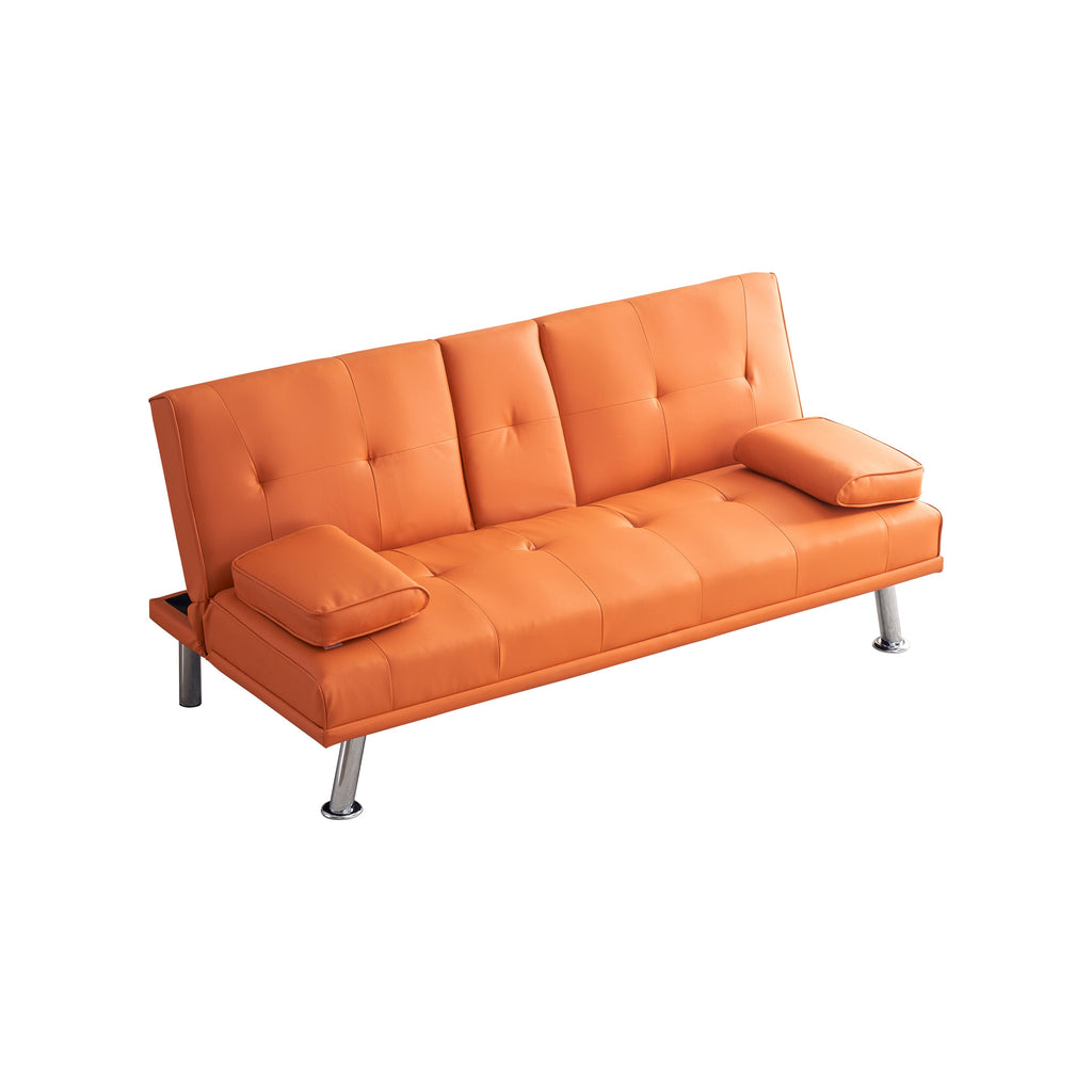 67' Orange Leather Office Sofa Bed, Double Fold, with Coffee Table, Multifunctional