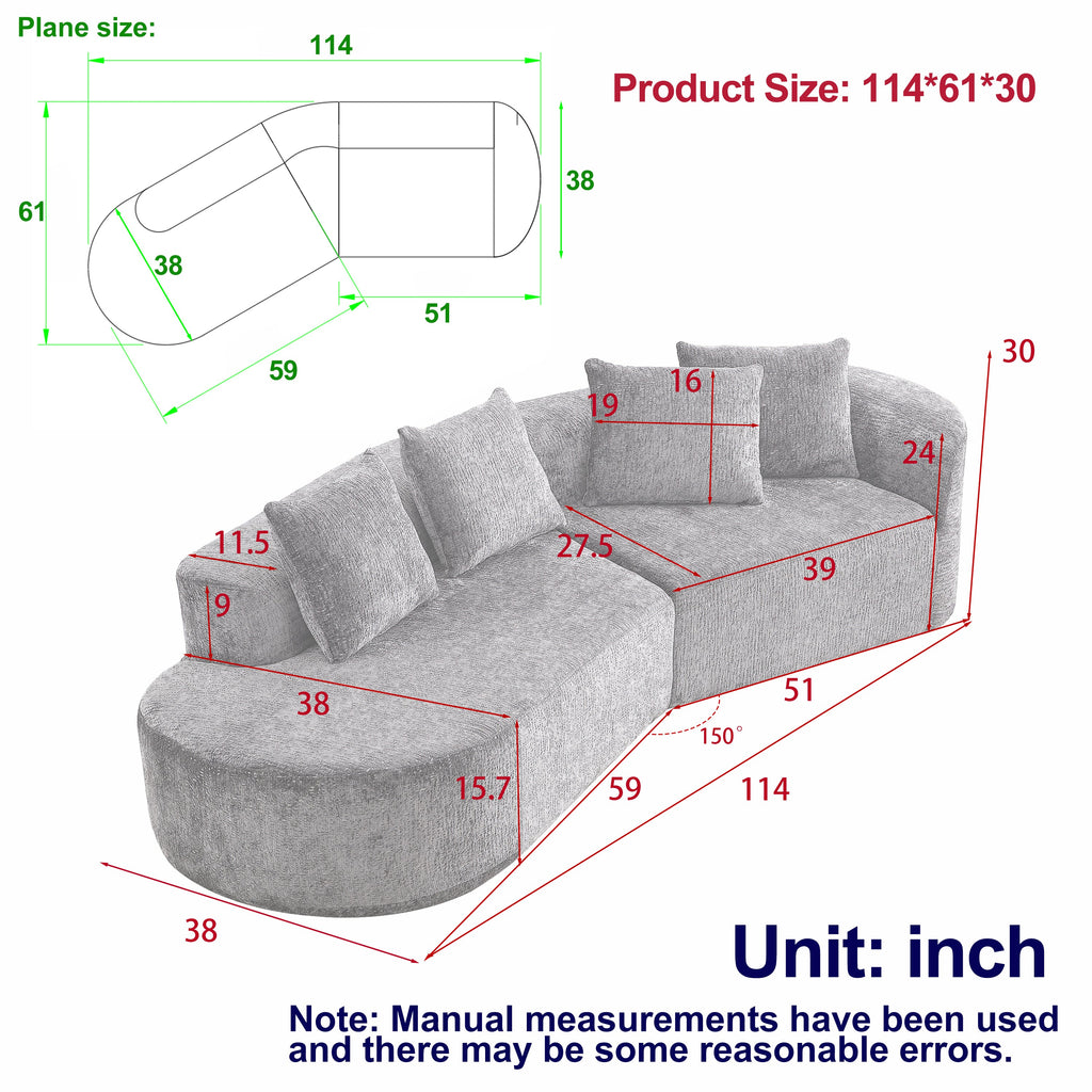 Modern Upholstered Oversized Sectional Sofa, 114-Inch Chenille 4-Seater Extra Deep & Wide Seat Curved Cloud Couch with 4 Throw Pillows, Free Combination Sofa Couch for Living Room,Bedroom