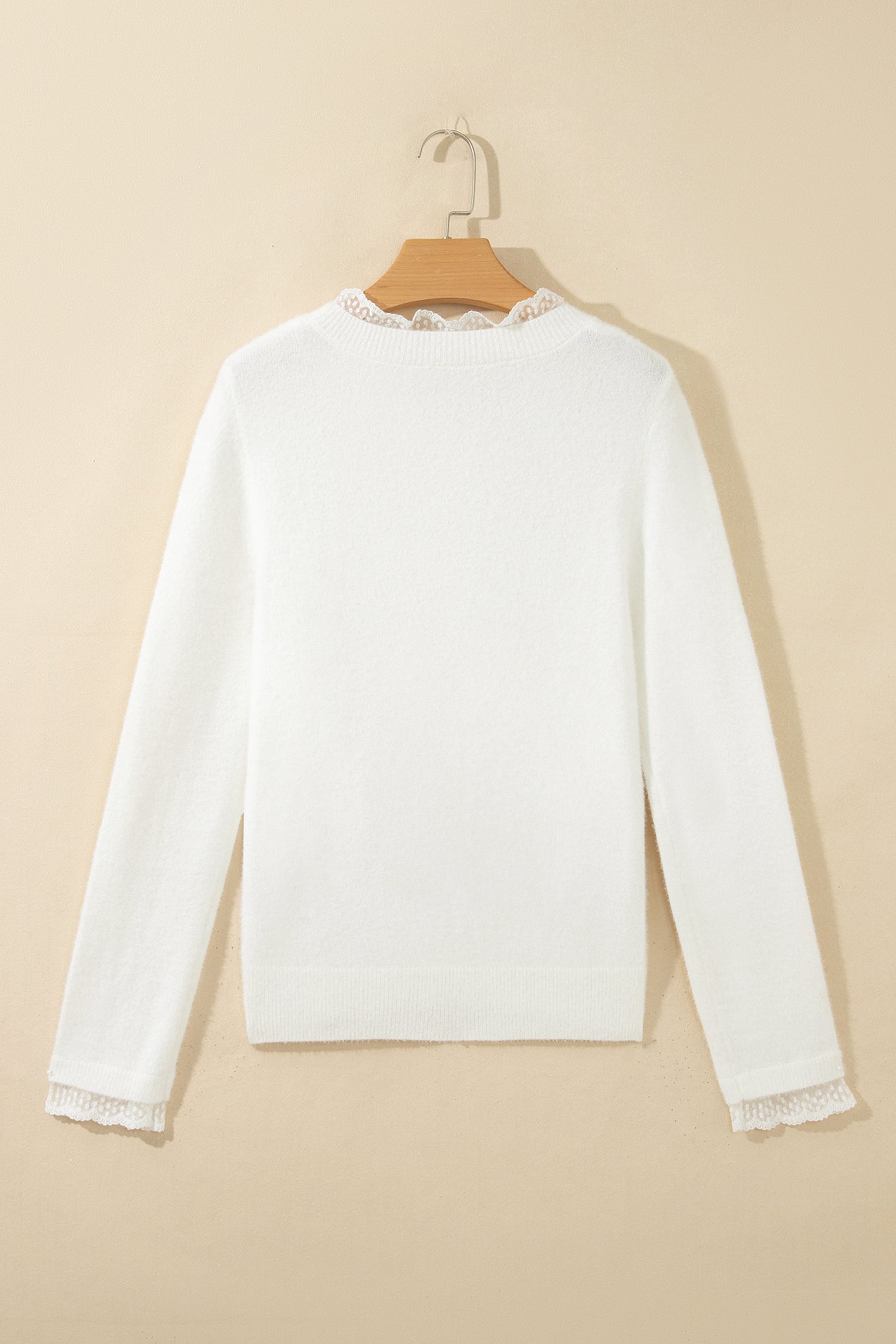 Solid Lace Trim Crewneck Long Sleeve Sweater