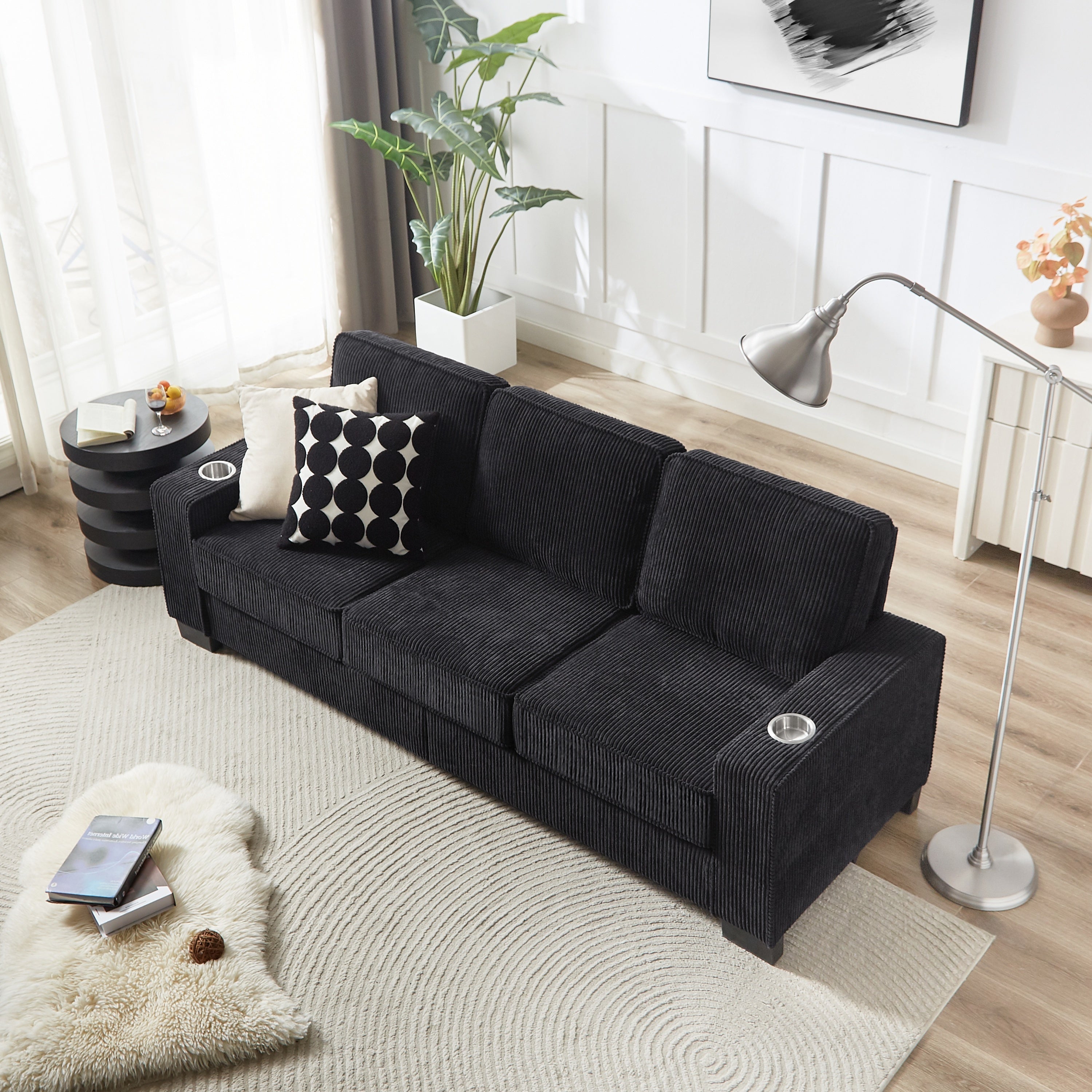 Modern Corduroy Fabric Sofa, 3-Seater Compressed Couch with Cup Holders, Black, 84.25'