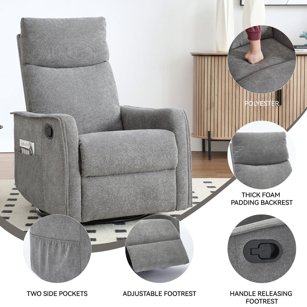 Heat Massage Manual Recliner Chair with Rocker and Swivel in Fabric for Living Room, Grey