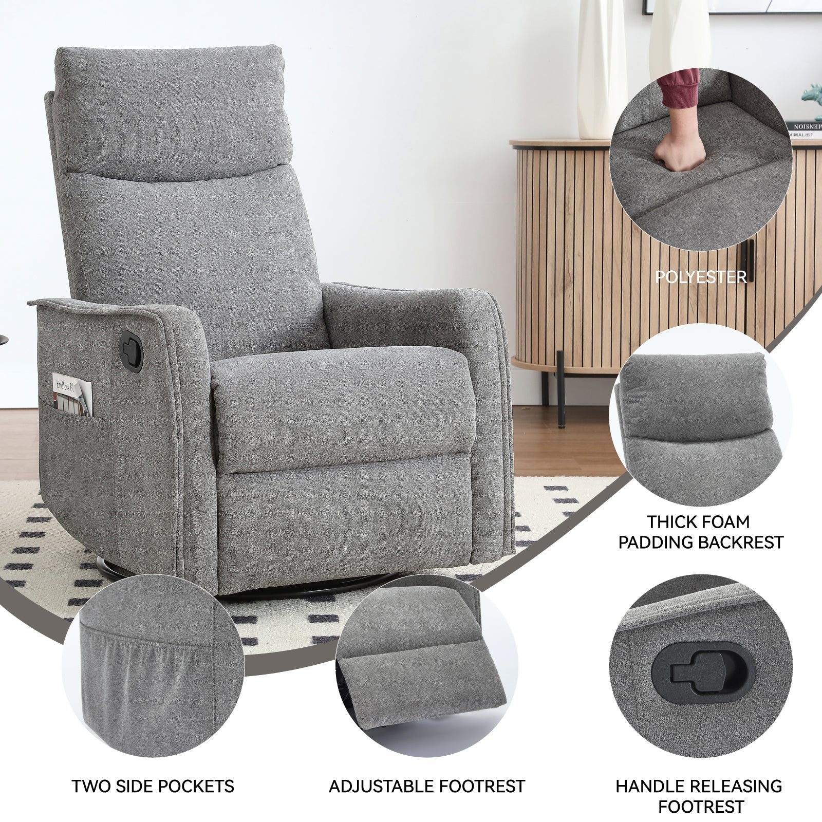 Heat Massage Manual Recliner Chair with Rocker and Swivel in Fabric for Living Room, Grey