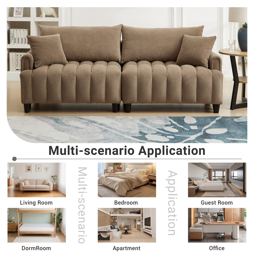 83''  Futon Sofa Bed, Polyester Fabric Comfy Futon Couch Bed with 2 Square Pillows, Convertible Sleeper Sofa with Adjustable Backrest,  Modern Loveseat Sleeper for Living Room, Brown