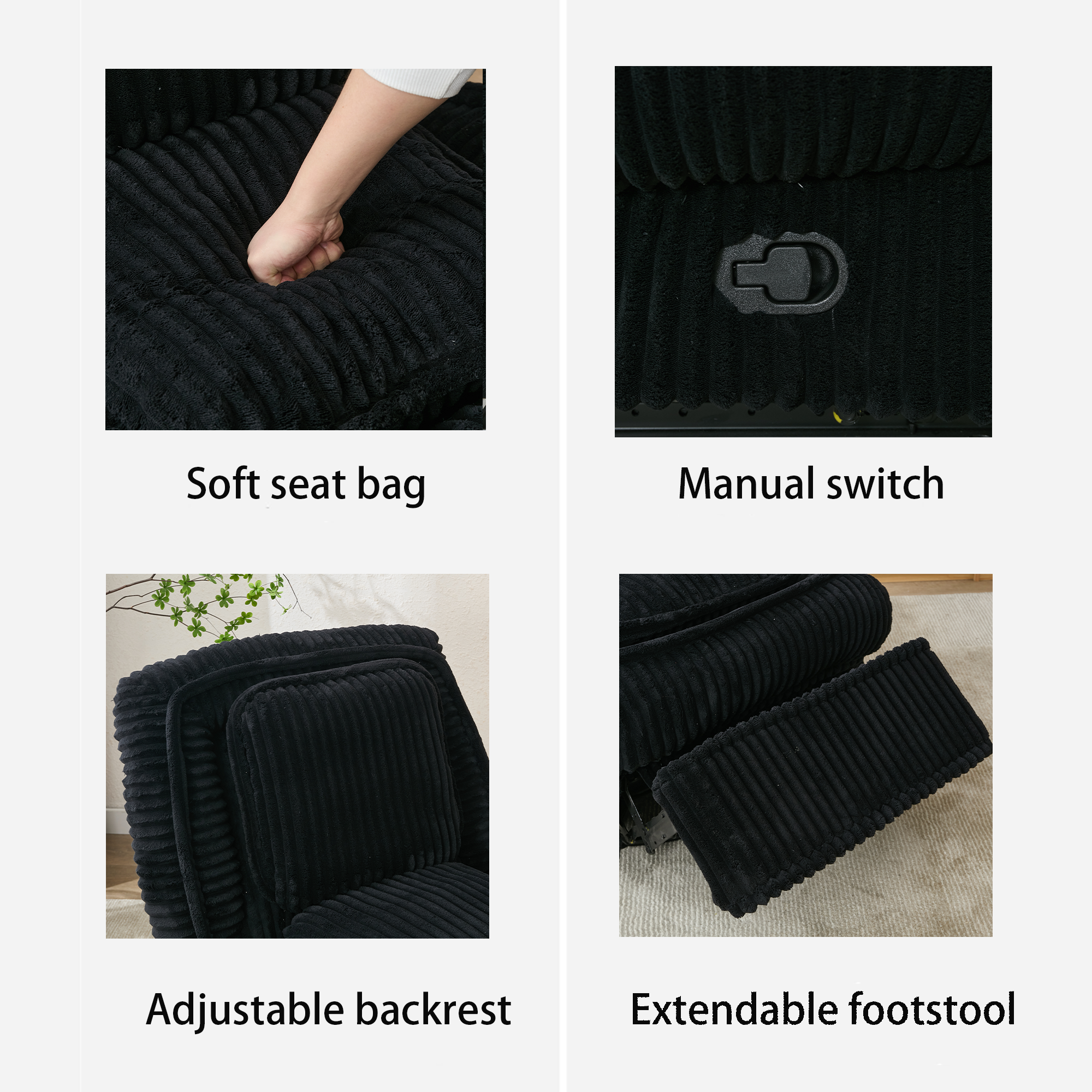 [NEW ARRIVED] 360° Swivel Rocking Single Sofa,Recliner Sofa, Manual Glider Rocking Armless Chair,Living Room Office, With Adjustable Backrest and Footrest and pillows, Small Spaces,Corduroy , Black