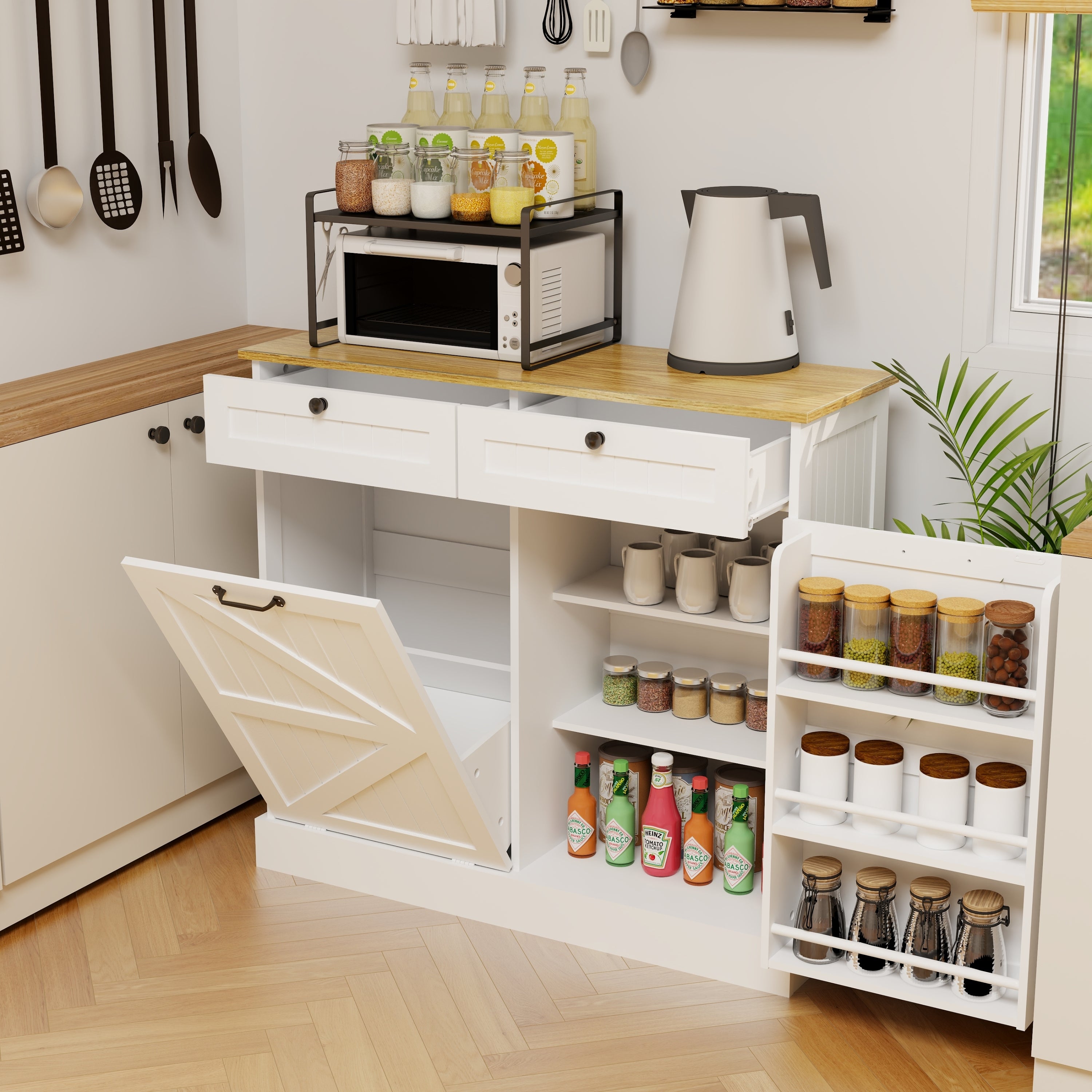 Kitchen Trash Can Storage Cabinet with 2 Drawers & 1 Tilt Out Trash Cabinet & 1 door with storage rack & 2 Shelves for Kitchen, Dinning Room, Living Room-White