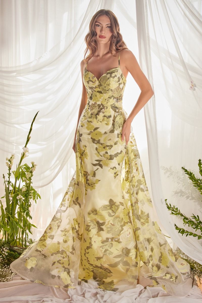Floral Pattern Spaghetti Straps Sweetheart A-Line Tulle Overskirt Long Prom & Bridesmaid Dress CDA0770