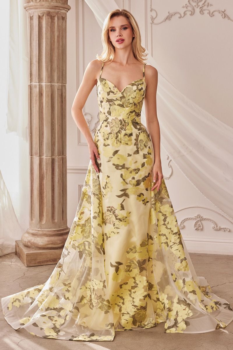 Floral Pattern Spaghetti Straps Sweetheart A-Line Tulle Overskirt Long Prom & Bridesmaid Dress CDA0770