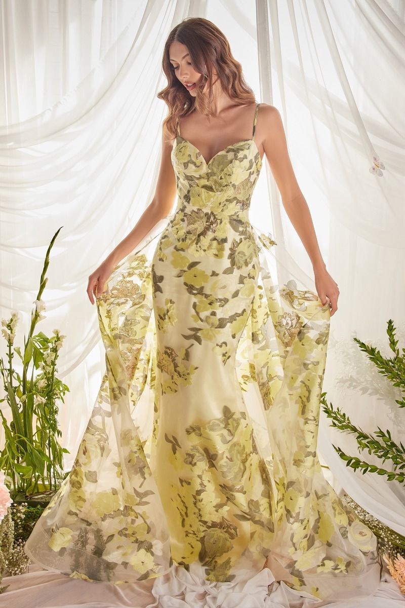 Floral Pattern Spaghetti Straps Sweetheart A-Line Tulle Overskirt Long Prom & Bridesmaid Dress CDA0770