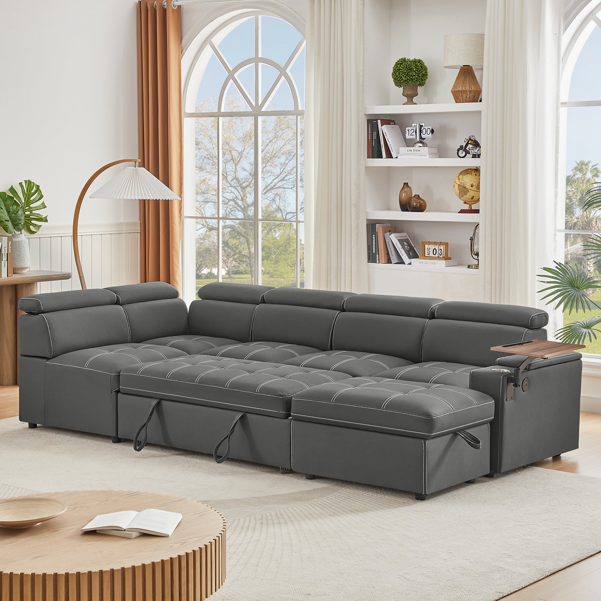 Grey Fabric Sectional Sofa with Storage Ottoman