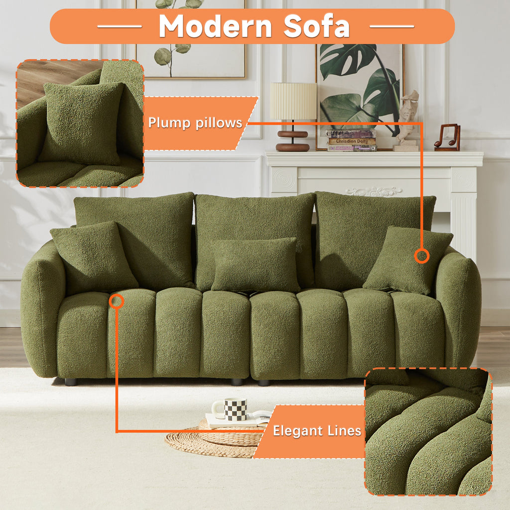 3 Seater + 3 Seater Combo Sofa Modern Living Room Sofa, Teddy Sofa, Wooden Frame, 6 Cushions, Apartment Sofa Furniture