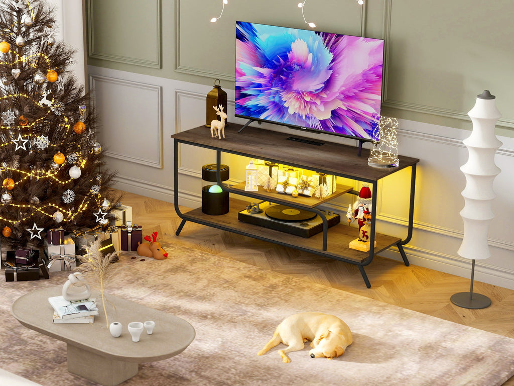 There are installation videos and scene videos. TV socket and LED light - TV stand TV up to 55 ', small unit modern TV console suitable for living room and bedroom, light grey
