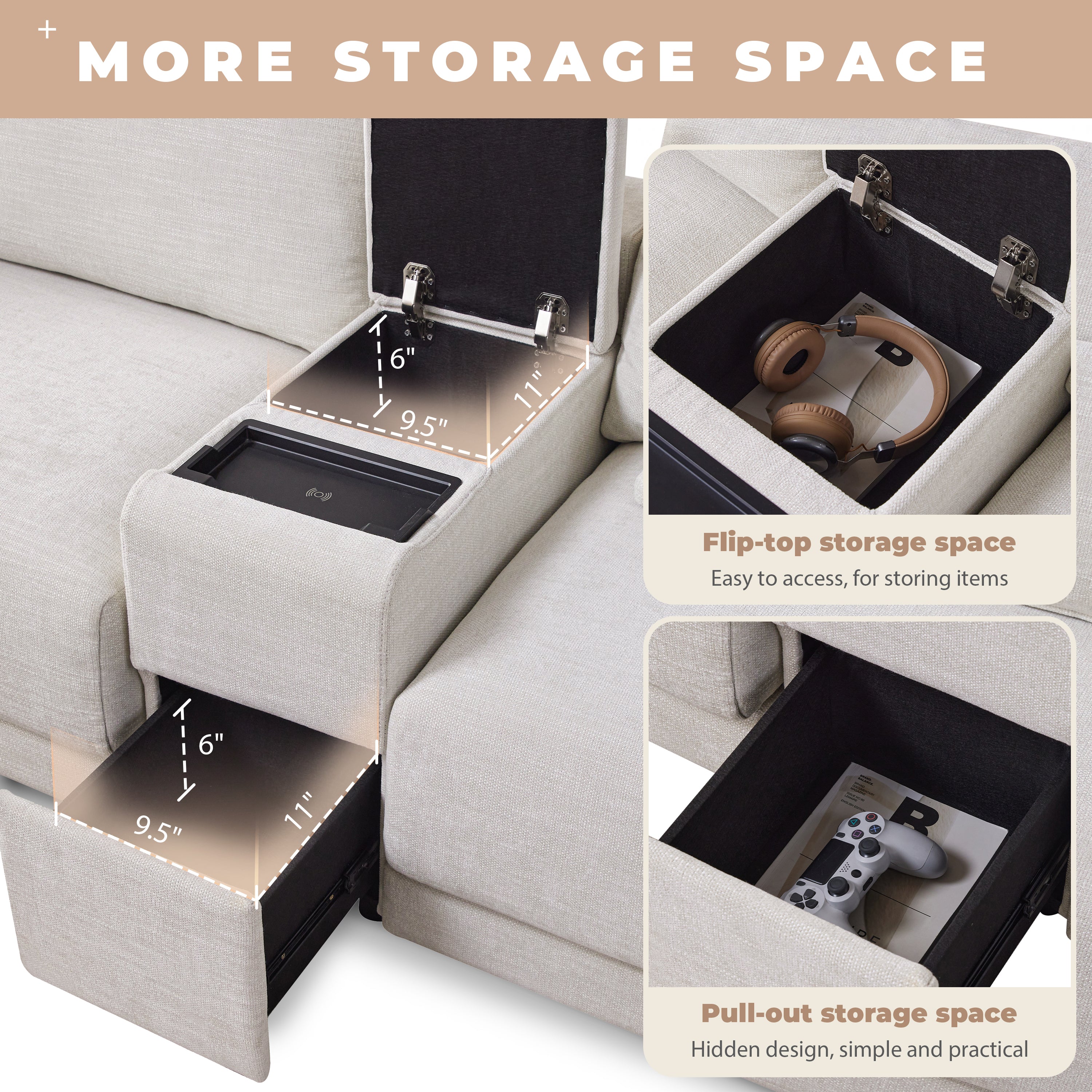 [VIDEO+NEW]124'' Modular Sectional Sofa with Storage Console and Movable Ottoman,33'' Wide Seat,4 Seat L Shaped Chenille Couch,Reversible Comfy Sofa with USB Charger for Living Room,Apartment,2 Colors